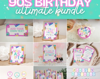 90s Birthday Party Bundle with Editable Templates for Retro & Nostalgic Theme 30th Bday for Women, Invitation, Decorations and More! SABRINA
