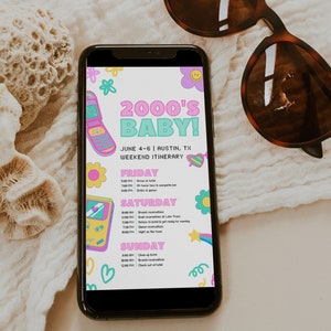 Peut inclure: Un smartphone affichant un graphique rose et bleu avec le texte "2000's BABY!" et un itinéraire de week-end pour le 4-6 juin à Austin, TX. L'itinéraire comprend des activités telles que des réservations de brunch, une excursion en bateau et des réservations de dîner.