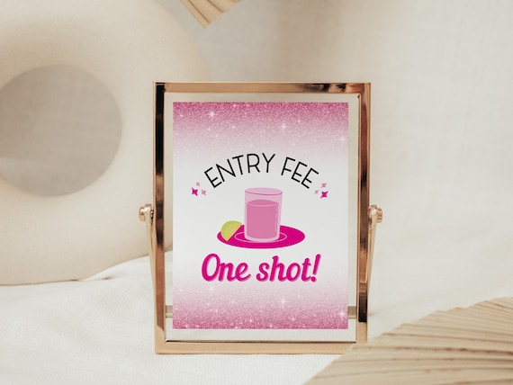 Hot Pink Glitter Bachelorette Party Decorations, Entry Fee One Shot, Let's Go Bach Party Cocktail Decor Signs, Sparkly Malibu Doll, BRITT