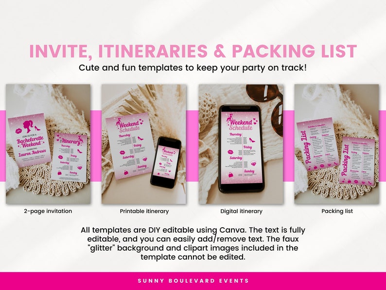 May include: Printable templates for a bachelorette weekend, including a two-page invitation, itinerary, and packing list. The templates feature a pink glitter background with a pink silhouette of a woman wearing a dress and heels. The text is fully editable using Canva.
