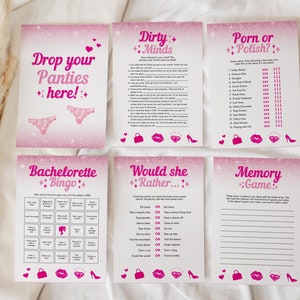 Hot Pink Glitter Bachelorette Party Printable Dirty Drinking Games for Malibu Girly Doll Sparkly Theme, Come On Let's Go Bach Party, BRITT