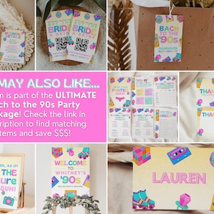 May include: A set of printable party decorations for a 90s themed party. The decorations include a welcome sign, a thank you card, a game card, and a tag that says "Back to the 90s Hangover Recovery Kit". The decorations feature a yellow background with colorful 90s-themed graphics, such as roller skates, cassette tapes, and game consoles.