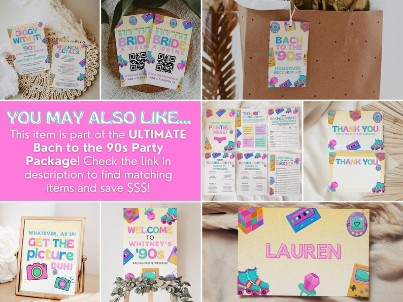 May include: A set of printable party decorations for a 90s themed party. The decorations include a welcome sign, a thank you card, a game card, and a tag that says "Back to the 90s Hangover Recovery Kit". The decorations feature a yellow background with colorful 90s-themed graphics, such as roller skates, cassette tapes, and game consoles.
