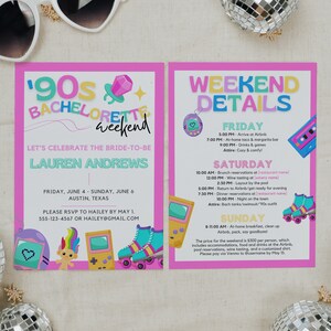 Bach agli anni &#39;90 Invito ad una festa di addio al nubilato con modello di itinerario per temi retrò e nostalgici, Invito ad addio al nubilato degli anni &#39;90, SABRINA