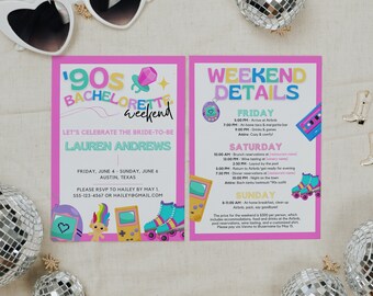 Bach to the 90s Bachelorette Party Invitation with Itinerary Template for Retro & Nostalgic Throwback Theme, 90s Hen Party Invite, SABRINA