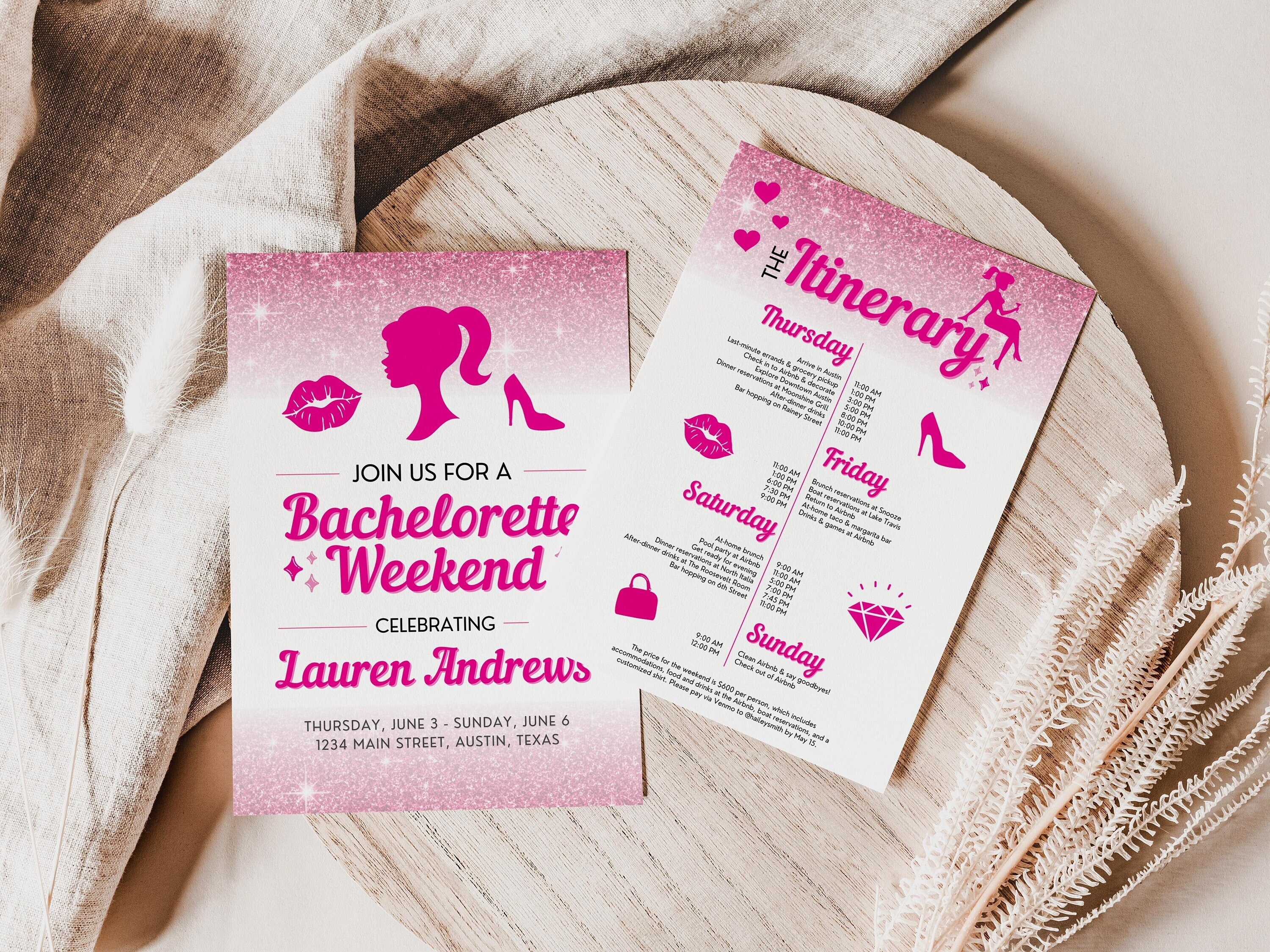 Hot Pink Glitter Bachelorette Party Invitation Canva Template Lets Go Party Malibu Girly Doll Theme Weekend Itinerary Invite