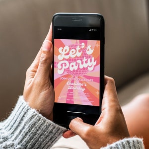 Retro disco party invitation in pink and orange, suitable for First Disco, Groovy One, or One Groovy Baby themed parties.
