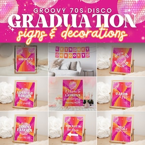 Disco Graduation Party Printable Sign Bundle for Retro and Groovy 70s Grad Party Decorations for University, College or High School, SARA