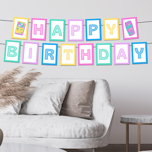 90s Happy Birthday Party Printable Banner Decorations for Retro 30th Bday Decorations, Nostalgic Decor for 90s or Y2K 2000s Theme, SABRINA