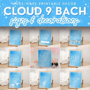 The Bride is on Cloud Nine Bachelorette Party Bundle of Printable Signs & Decor for Dreamy Hen Party, Minimalist Blue White Cloud 9, KATE