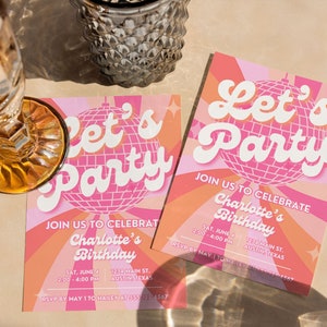 Disco invite in pink and orange for girls, designed for a vibrant and sweet charm-filled 70s birthday disco.