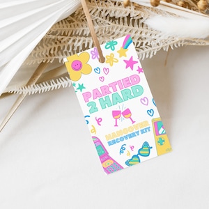 Mall för Y2K-mössa/baksmälla-återhämtningspaket, presentetikett för Oh Shit Kit-överlevnad för 2000-talsfest eller nostalgisk 90-talsfest, BELLA