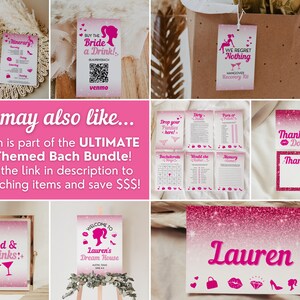 K&ouml;nnte beinhalten: Ein rosa-wei&szlig;es, druckbares Schild f&uuml;r eine Junggesellinnenabschiedsparty mit Glitzer und dem Text "Willkommen im Traumhaus von Lauren".