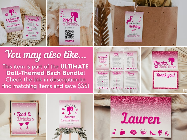 K&ouml;nnte beinhalten: Ein rosa-wei&szlig;es, druckbares Schild f&uuml;r eine Junggesellinnenabschiedsparty mit Glitzer und dem Text "Willkommen im Traumhaus von Lauren".