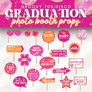 Disco Abschlussparty Printable Photo Booth Requisiten für Retro & Groovy 70s Grad Party, Universität, College, High School Selfie Station, SARA