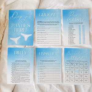 The Bride is on Cloud Nine Bachelorette Party Printable Dirty Drinking Games for Dreamy Hen Party, Minimalist Blue & White Cloud 9 Bach KATE