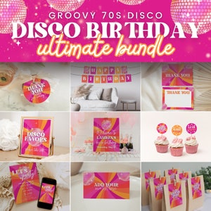 Disco Birthday Party Bundle with Editable Templates for Retro & Groovy 70s Theme Bday for Kids or Adults, Hippie Peace Out Decorations, SARA
