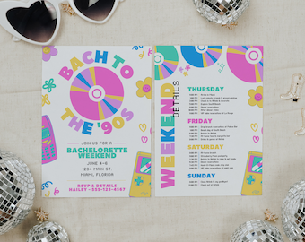 Colorful Bach to the 90s Bachelorette Party Invitation with Itinerary Template for Retro Throwback and Nostalgic 1990s Hen Party, HALLE