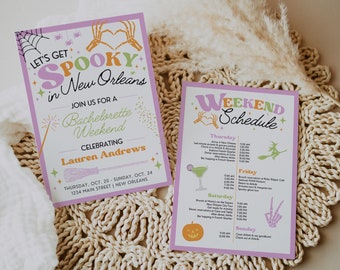 Spooky Bachelorette Party Invitation with Itinerary Template for Til Death Do Us Party or Retro Halloween Bride or Die Hen Party, CARRIE