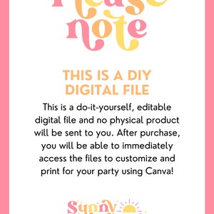 Pu&ograve; includere: Testo rosa e giallo su sfondo bianco che dice "Si prega di notare" e "Questo &egrave; un file digitale fai-da-te". Il testo continua con le istruzioni su come utilizzare il file digitale. L'immagine include un logo per Sunny Boulevard Events con una grafica del sole.