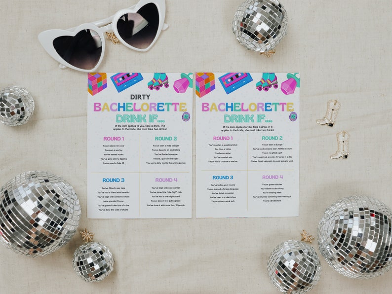 May include: Two printable cards with a pink, blue, and yellow color scheme. The cards are titled "Dirty Bachelorette Drink If..." and "Bachelorette Drink If..." and have four rounds of drinking game prompts.