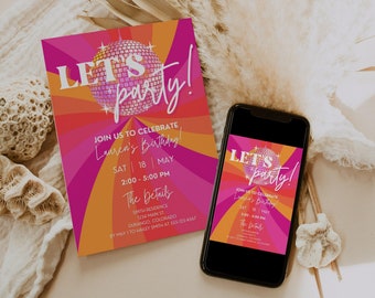 Disco Birthday Party Invitation Template for Retro & Groovy 70s Bday for Girls, Kids or Adults, Hippie Flower Power Peace Out Invite, SARA