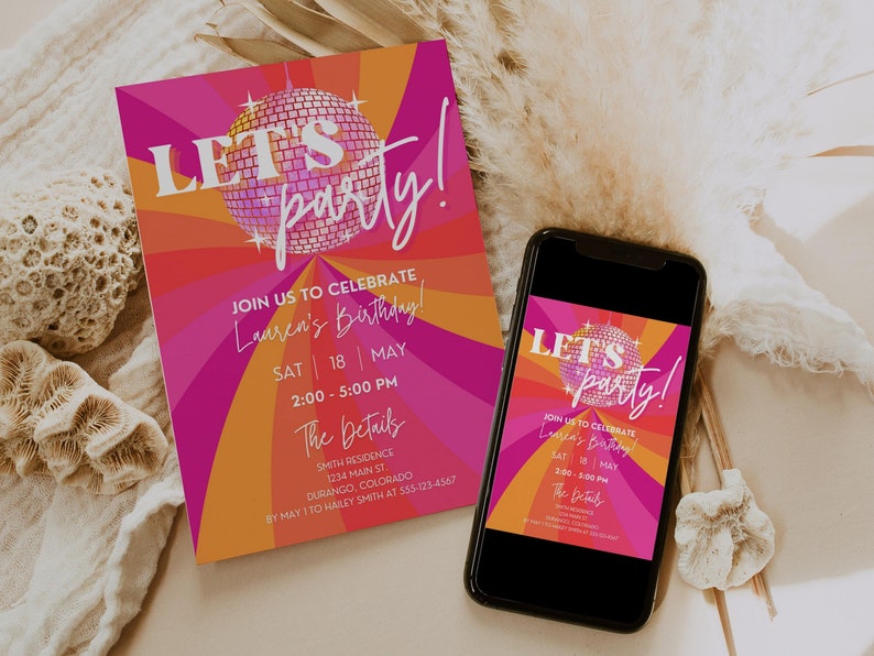 Disco Birthday Party Invitation Template for Retro & Groovy 70s Bday for Girls, Kids or Adults, Hippie Flower Power Peace Out Invite, SARA image 1