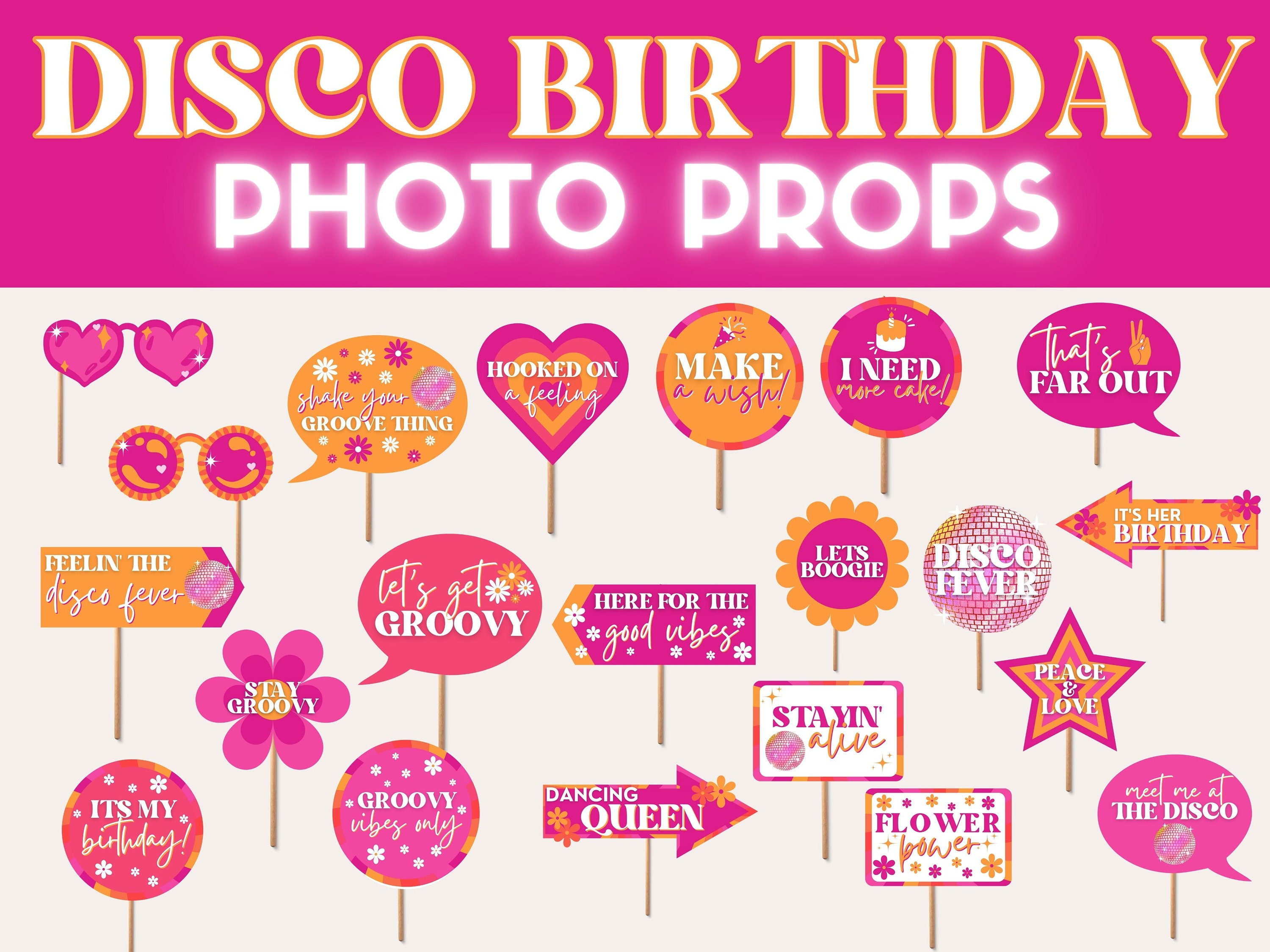 Disco Birthday Party Printable Photo Booth Props for Retro Groovy 70s Bday for Girls Kids or Adults Hippie Flower Selfie