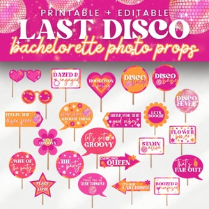 Last Disco Bachelorette Party Photo Booth Props for Retro 70s Theme Selfie Station at Funky Groovy Bach Hippie Party, Dazed & Engaged SARA