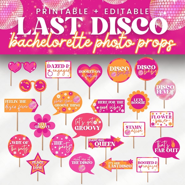 Last Disco Bachelorette Party Photo Booth Props for Retro 70s Theme Selfie Station at Funky Groovy Bach Hippie Party, Dazed & Engaged SARA