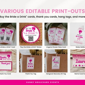 May include: A set of printable bridal shower party decorations featuring pink glitter and a Barbie doll theme. The set includes cards, tags, and stickers with phrases like "Buy the Bride a Drink!" and "Thanks, Doll Face!"