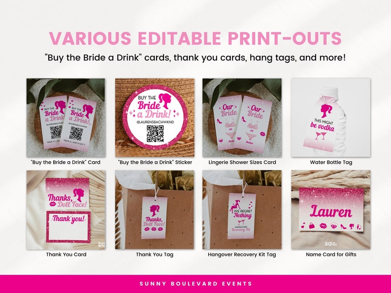 May include: A set of printable bridal shower party decorations featuring pink glitter and a Barbie doll theme. The set includes cards, tags, and stickers with phrases like "Buy the Bride a Drink!" and "Thanks, Doll Face!"