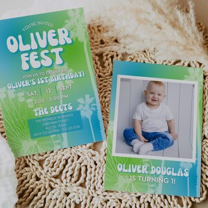 Musik Festival Baby Boy First Birthday Party Einladung Vorlage für Desert Music Fest Bday Party, 1st Bday Retro Groovy Boho Invite, OLIVER