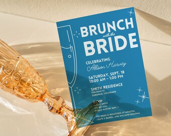 Invitación de brunch nupcial azul para brunch con la novia, invitación nupcial de tono joya algo azul invita a brunch nupcial champán nupcial, CORA
