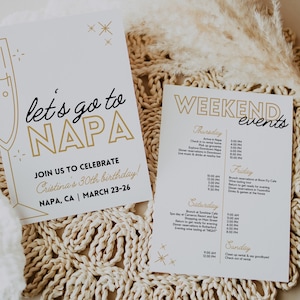 Napa Valley 30th Birthday Invitation with Itinerary Template, Minimalist Gold & Black Classy Wine Theme for 30th Bday in California, KYLIE
