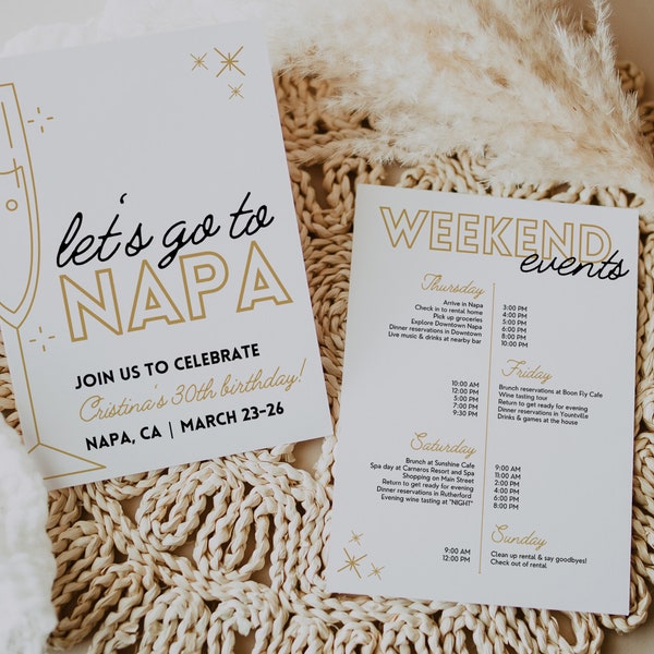 Napa Valley 30th Birthday Invitation with Itinerary Template, Minimalist Gold & Black Classy Wine Theme for 30th Bday in California, KYLIE