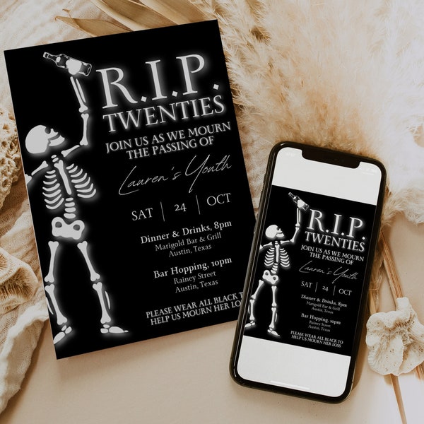 RIP to my Twenties 30th Birthday Party Invitation Template for Spooky Halloween Bday, Death to my 20s Invite, Skull Gothic Theme, RAVEN