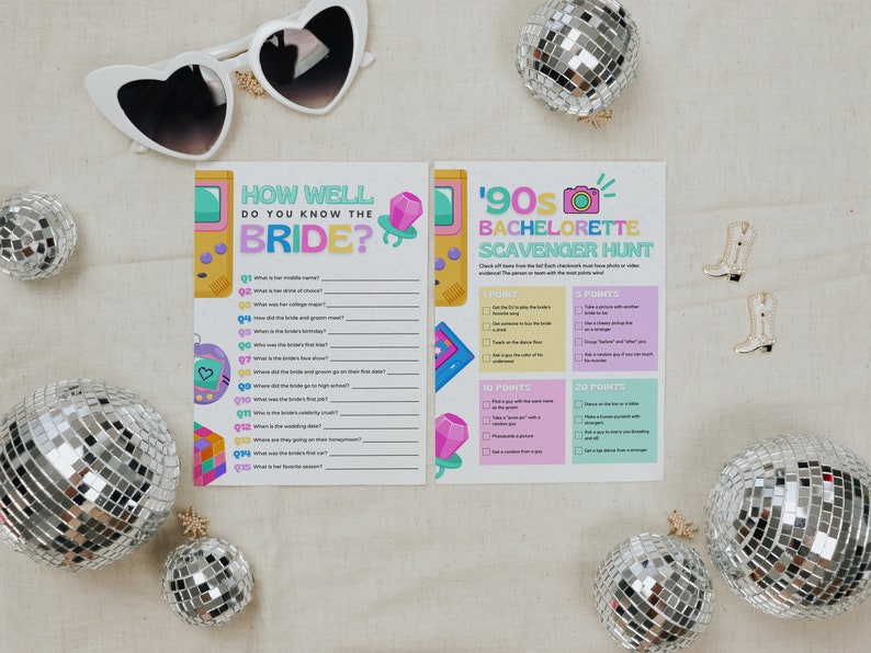 May include: Two printable game cards for a bachelorette party. The first card is a "How Well Do You Know the Bride?" game with 15 questions. The second card is a "90s Bachelorette Scavenger Hunt" with a list of tasks to complete for points.