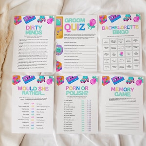 May include: A set of printable party games with a retro 80s theme. The games include "Dirty Minds", "Groom Quiz", "Would She Rather", "Porn or Polish", "Memory Game", and "Bachelorette Bingo".