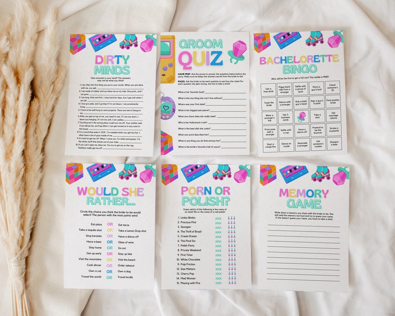 May include: A set of printable party games with a retro 80s theme. The games include "Dirty Minds", "Groom Quiz", "Would She Rather", "Porn or Polish", "Memory Game", and "Bachelorette Bingo".
