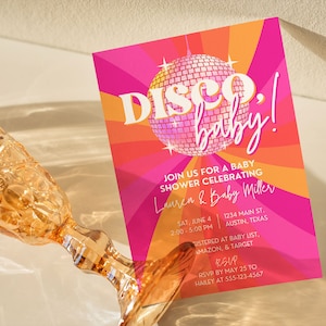 Disco Baby Shower Einladung, Let&#39;s Disco Baby Einladung, Retro Babyparty Disco Shower Invite, Retro Babyparty Einladung Disco Ball, SARA
