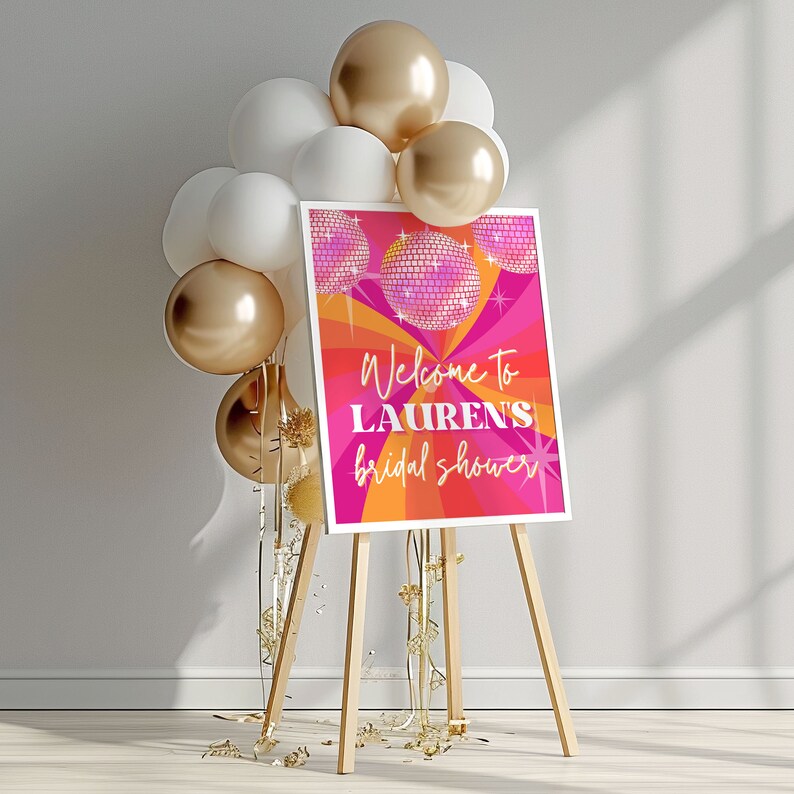 pink disco bridal shower welcome sign