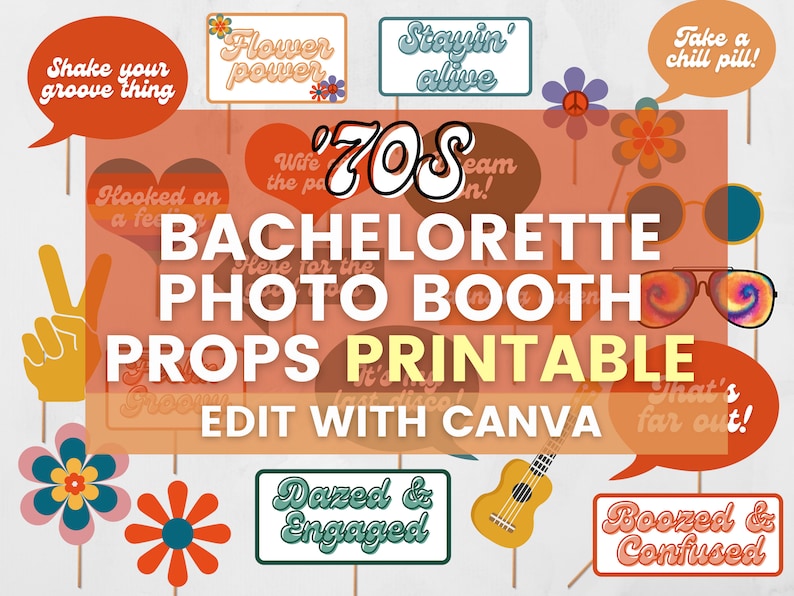 70s Bachelorette Party Photo Booth Props Colorful Retro | Etsy