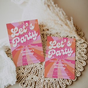 Teenage disco party invite with pink and orange 70s party design, ensuring a glam-filled and groovy celebration.