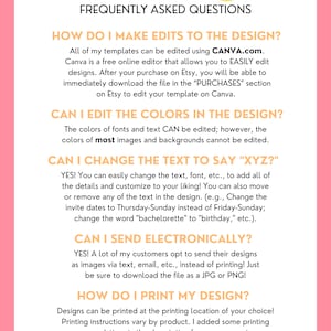 Puede incluir: Un gr&aacute;fico FAQ rosa y amarillo con el texto "FAQ" en letras grandes. El texto debajo de las letras dice "Preguntas frecuentes". El gr&aacute;fico incluye una lista de preguntas y respuestas sobre la edici&oacute;n e impresi&oacute;n de dise&ntilde;os. El gr&aacute;fico tambi&eacute;n incluye el logotipo "Sunny Boulevard Events".