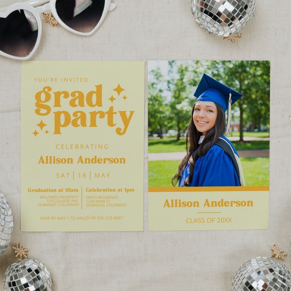 Yellow Graduation Party Invite Retro Graduation Announcement Modern Grad Party, Colorful Graduation Party Invitation Template Minimalist AMY