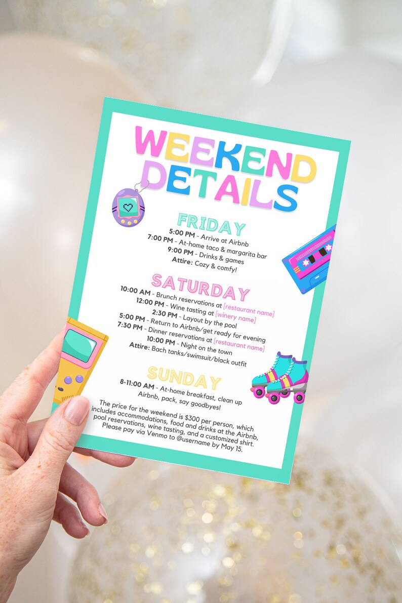 Colorful Bach to the 90s Bachelorette Invitation with Itinerary Template for Throwback 1990s Bach or Hen Party Invite Weekend Agenda, SPICE image 6