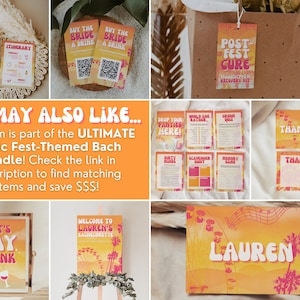 Puede incluir: Un conjunto de decoraciones de fiesta imprimibles para una despedida de soltera con tem&aacute;tica de festival de m&uacute;sica. Las decoraciones presentan un fondo de puesta de sol con palmeras y el texto "Let's Day Drink", "Bienvenida a la despedida de soltera de Lauren", "Post-Fest Cure", "Gracias", y "Lauren".