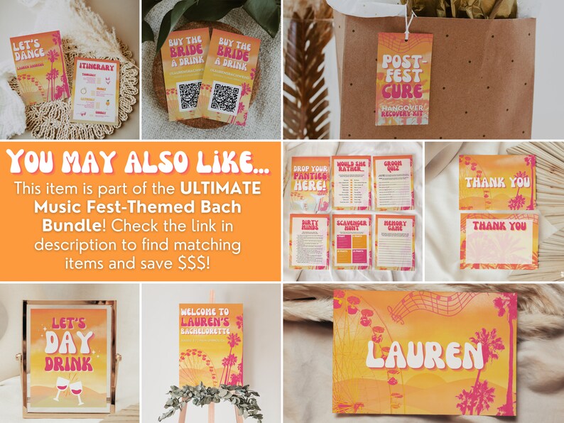 Puede incluir: Un conjunto de decoraciones de fiesta imprimibles para una despedida de soltera con tem&aacute;tica de festival de m&uacute;sica. Las decoraciones presentan un fondo de puesta de sol con palmeras y el texto "Let's Day Drink", "Bienvenida a la despedida de soltera de Lauren", "Post-Fest Cure", "Gracias", y "Lauren".
