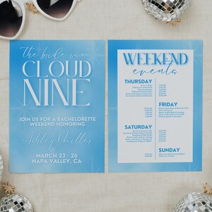 The Bride is on Cloud Nine Bachelorette Party Invitation Template for Dreamy Hen Party, Minimalist Blue & White Cloud 9 Bach Invite, KATE